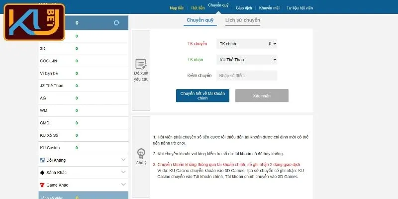 Thực hiện chuyển quỹ trên KUBET